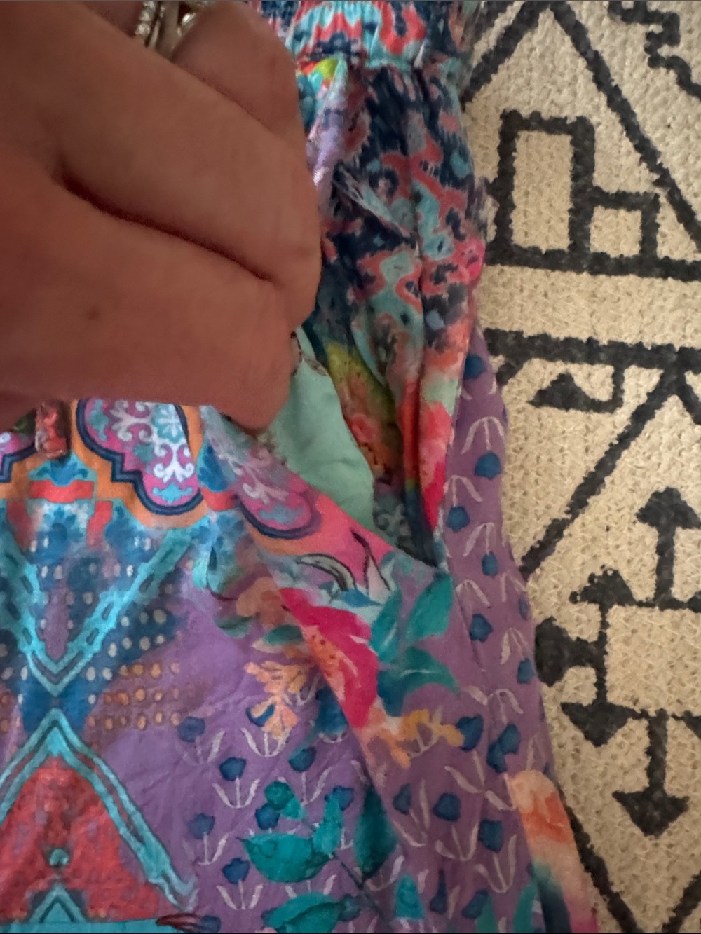 Floral Patchwork Print Wide-Leg Women's Pants - Teal Pink - Picture 6 of 9